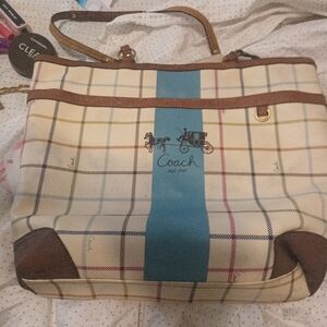 Authentic Coach Large Handbag 14 inch. Tattersall with blue stripe